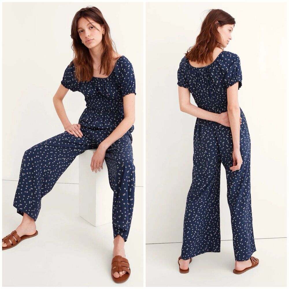 Madewell Sophia Blue Bandana Flower Scoop Neck Jumpsuit Wide Legs Size Medium‎